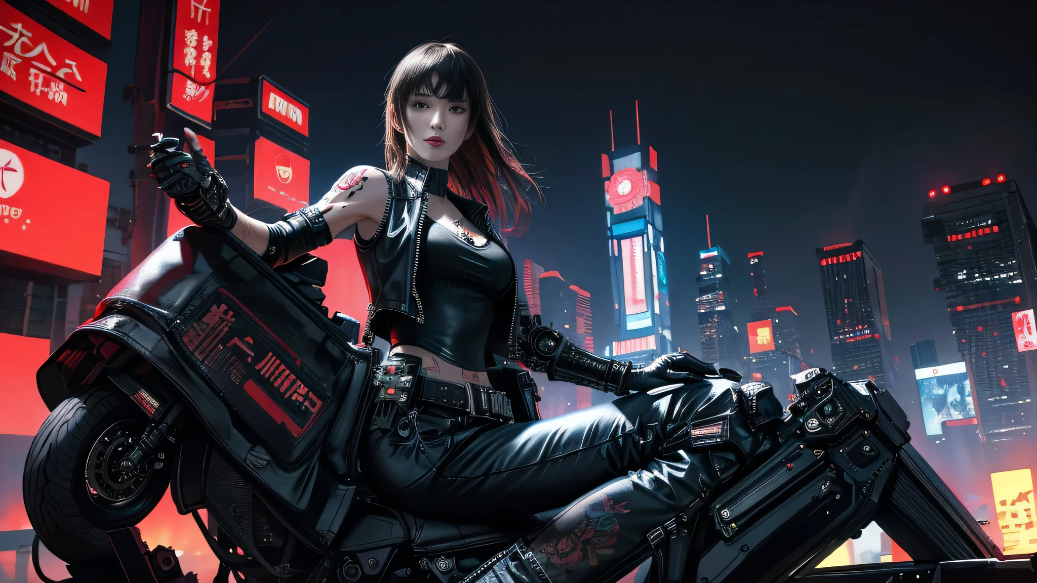 (highest quality)，masterpiece，Very detailed，8k, Ultra-high resolution，Beautiful woman，Japanese women，Expressionless，whole body，((tattoo))，slim，Black Leather Pants，Black Leather Vest，(Female Mafia)，gang，(Cyberpunk City)，night，Cinematic lighting，underworld ,1 girl,