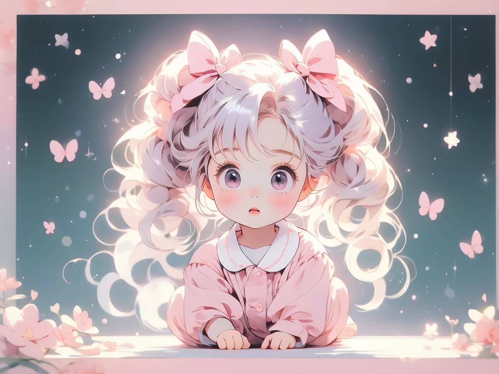 (pastel:1.2)、(Chibi Girl:1.2)、Esbian all over、Long twin tails、Bow and Bow、Sleepy but not sleeping eyes、border pajamas、Funny pose、Humming、Laughter、Fingertip pose、original、Vertical striped background、Baby pink gradation