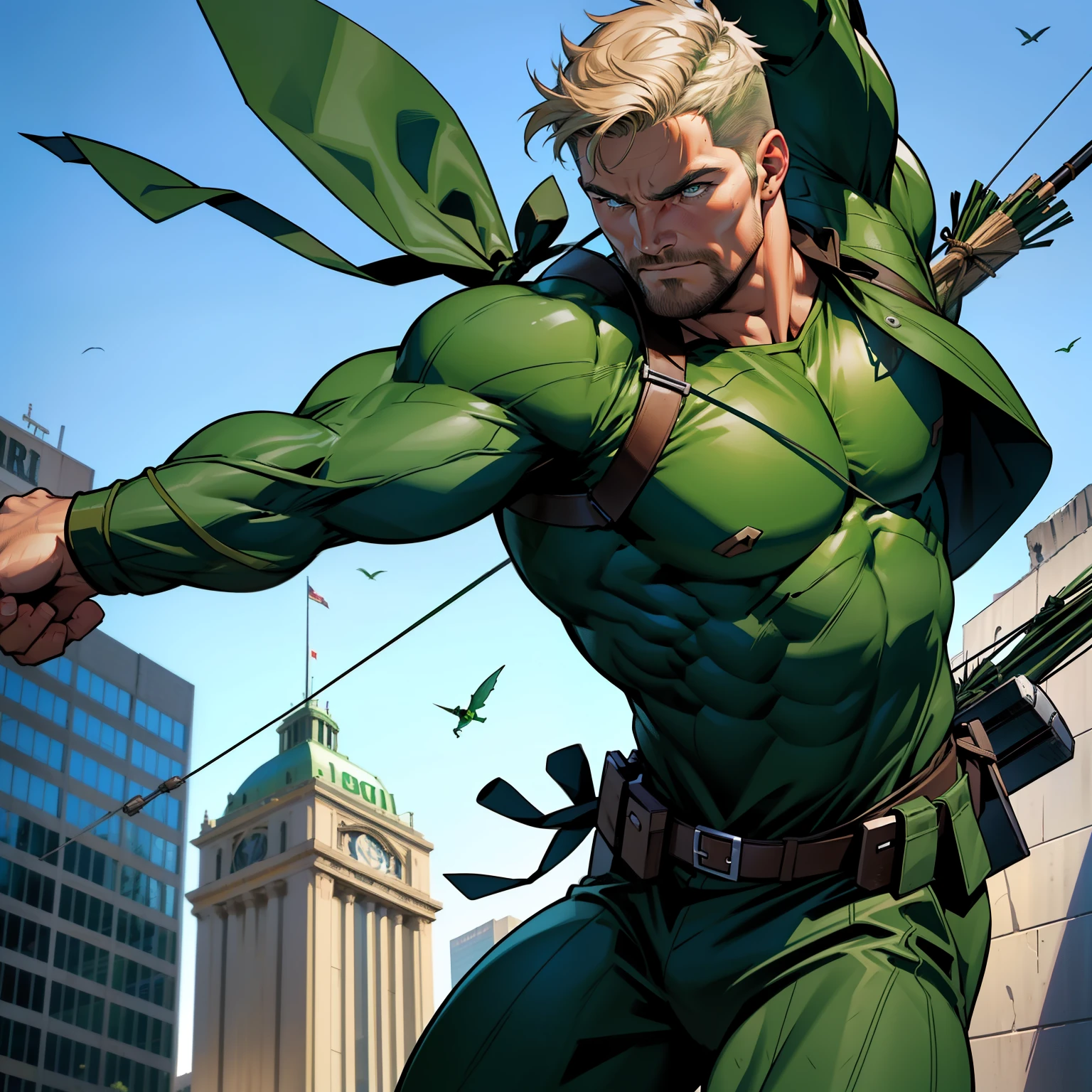 a  muscular mature man , hero withdark green  suit ((DC Comics)) , stephen amell as green arrow aiming with his bow and arrows towards his targets , hunk and handsome in action