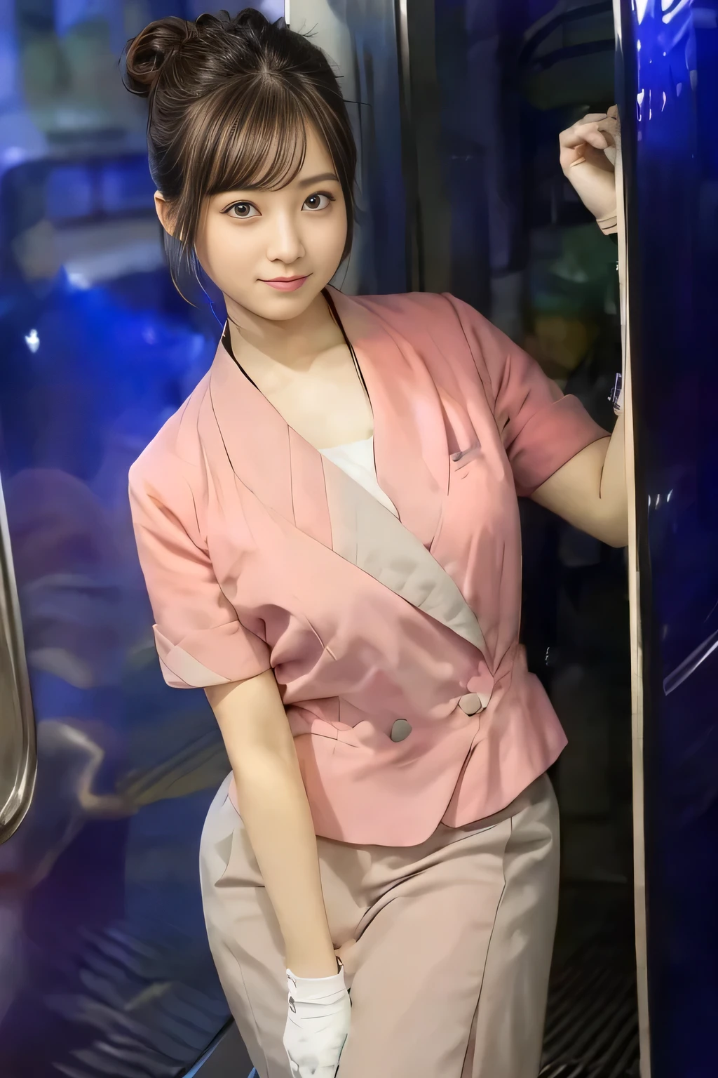 (masterpiece:1.2, highest quality:1.2), 32K HDR, High resolution, (alone、1 girl)、（On the rooftop of a building in the daytime、Professional Lighting）、Building rooftop background、（Nankai train crew uniform pinkを着たリアルスタイル）、（Nankai train crew uniform pink short sleeve collarless pink jacket、Nankai Train Crew Uniform Pink Collarless Short Sleeve Blouse、Nankai Train Crew Uniform Pink Grey Knee-length Culottes）、（（The bottom of the pink short-sleeved jacket cannot be tucked into the clay-colored culottes.））、Dark brown hair、（Hair tied up、Hair Bun、Hair Bun）、Dark brown hair、Long Shot、Big Breasts、Thin legs、（（Great hands：2.0）），（（Harmonious body proportions：1.5）），（（Normal limbs：2.0）），（（Normal finger：2.0）），（（Delicate eyes：2.0）），（（Normal eyes：2.0））)、smile、（Nankai Train Crew Uniform Pink Grey Knee-length Culottesを見せた美しい立ち姿）、