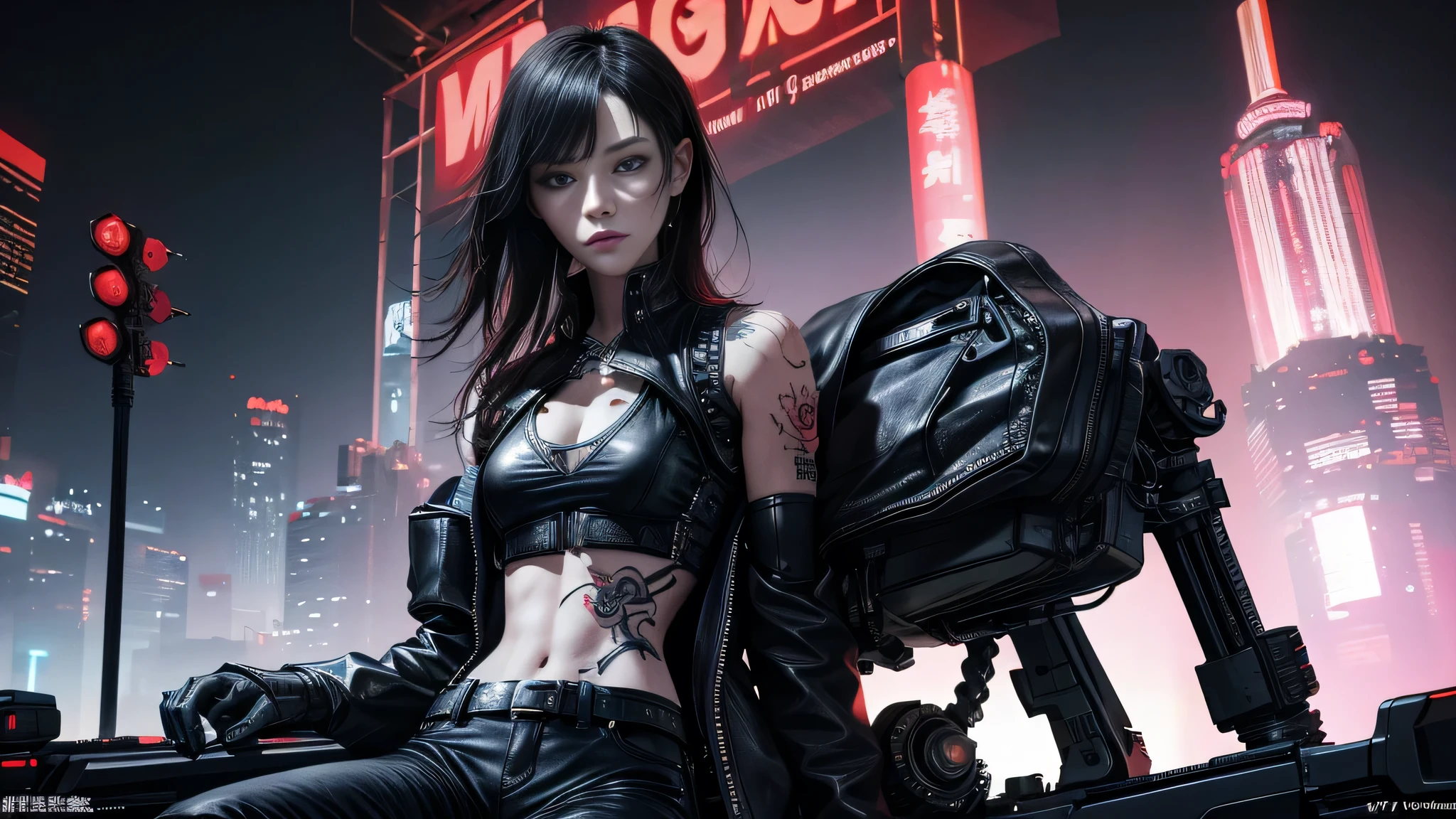 (highest quality),masterpiece,Very detailed,8k, Ultra-high resolution,Beautiful woman,Japanese women,Expressionless,whole body,((tattoo)),slim,Black Leather Pants,Black Leather Vest,(Female Mafia),gang,(Cyberpunk City),night,Cinematic lighting,underworld ,1 girl,