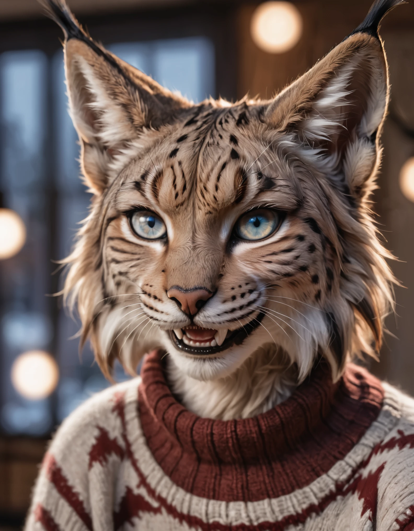 detailed closeup photo of a lynx wearing a wool sweater, fangs, smiling, high quality photography, 3 point lighting, flash with softbox, 4k, Canon EOS R3, hdr, smooth, sharp focus, high resolution, award winning photo, 80mm, f2.8, bokeh