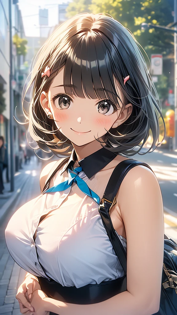 young woman、smile、Cool hairstyle、Blushing、masterpiece、High resolution、16k、Spring clothes in fresh colors、(Very close:1.5)、Explore the city、(Depicting the upper body:1.5)