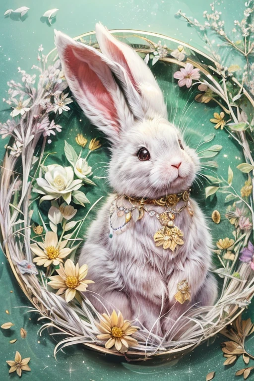 Big Moon Round，Adorable rabbit，At night，Starry Sky，Ultra HD，Fresh flowers，Fujiman，(How to cut paper)，Ultra HD，High resolution，Intricate details，wonderful，romantic，Ultra-detailed CG art，