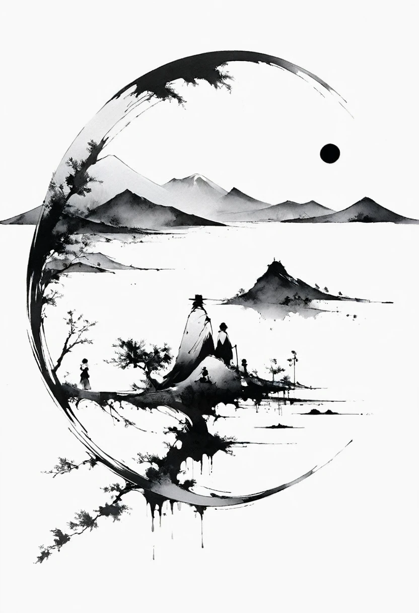 (Lots of white space:1.5),(Lots of white space:1.6), White background, simple, Minimalism, abstract,Freehand,Aesthetic,black and white,Ink Painting,antiquity,Mountain,People in the distance