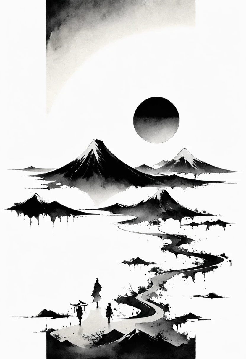 (Lots of white space:1.5),(Lots of white space:1.6), White background, simple, Minimalism, abstract,Freehand,Aesthetic,black and white,Ink Painting,antiquity,Mountain,People in the distance