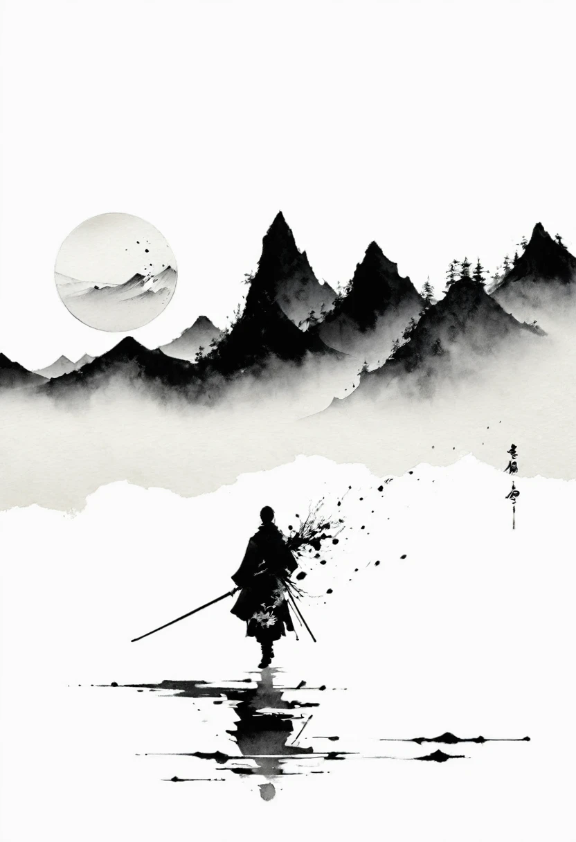 (Lots of white space:1.5),(Lots of white space:1.6), White background, simple, Minimalism, abstract,Freehand,Aesthetic,black and white,Ink Painting,antiquity,Mountain,People in the distance