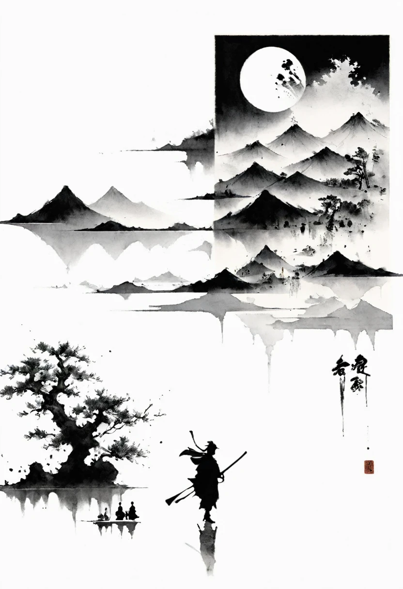 (Lots of white space:1.5),(Lots of white space:1.6), White background, simple, Minimalism, abstract,Freehand,Aesthetic,black and white,Ink Painting,antiquity,Mountain,People in the distance