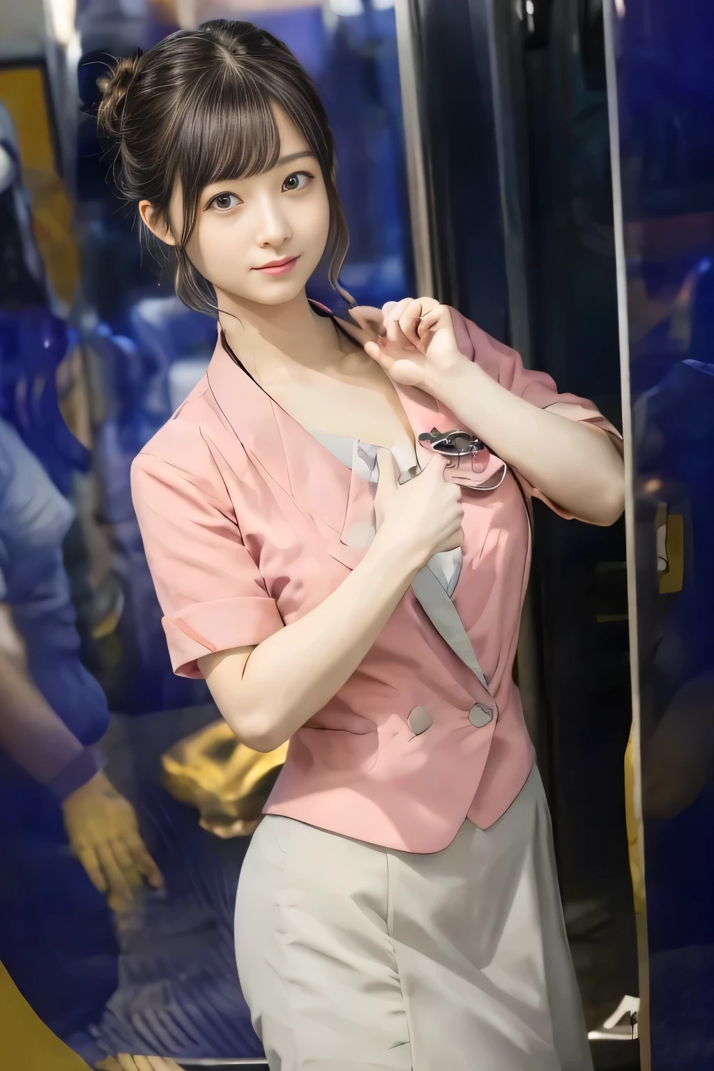 (masterpiece:1.2, highest quality:1.2), 32K HDR, High resolution, (alone、1 the rooftop of a building in the daytime、Professional Lighting)、Building rooftop background、(Nankai train crew uniform pinkを着たリアルスタイル)、(Nankai train crew uniform pink short sleeve collarless pink jacket、Nankai Train Crew Uniform Pink Collarless Short Sleeve Blouse、Nankai Train Crew Uniform Pink Grey Knee-length Culottes)he bottom of the pink short-sleeved jacket cannot be tucked into the clay-colored culottes.))、Dbrown hair、(Hair tied up、Hair Bun、n)、Dark brown hair、LonBig Breasts、Thin legs、((Great h((Harmonious body proportions:1.5)),((Normal limbs:2.0)),((Normal finger:2.0)),((Delicate eyes:2.0)),((Normal eyes:2.0)))、smile、(Nankai Train Crew Uniform Pink Grey Knee-length Culottesを見せた美しい立ち姿)、Holding hands