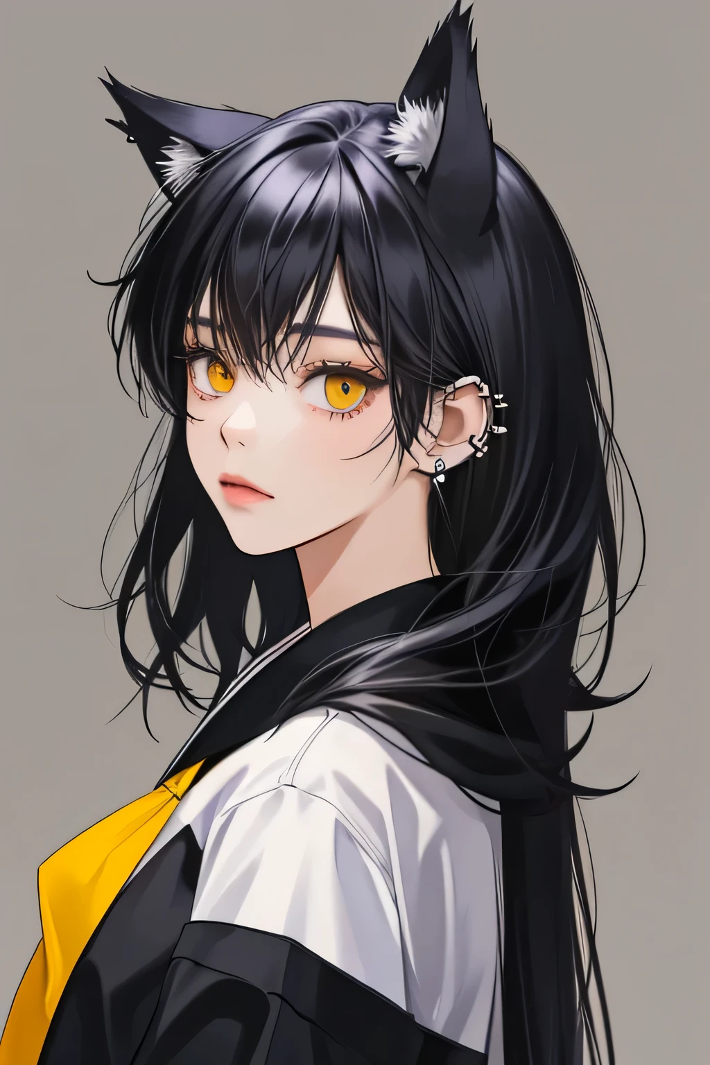 anime girl with black hair and yellow eyes with piercings and cat ears,