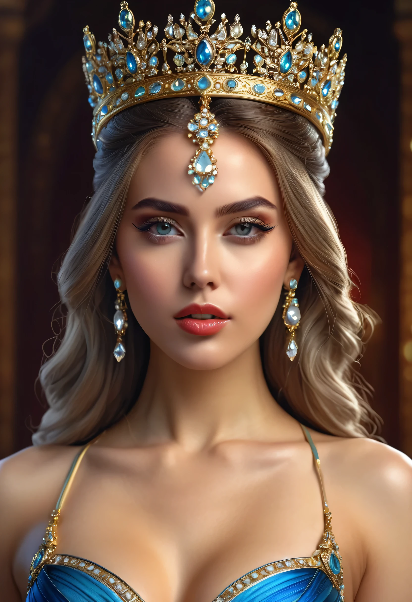 hyper realistic a pretty woman with a crown and jewels on her head, portrait of a beautiful goddess, a beautiful fantasy empress, goddess close-up full body portrait sensual, extremely high detail, a stunning portrait of a goddess, a beautiful fantasy empress, beautiful fantasy art portrait, UHD, 8K