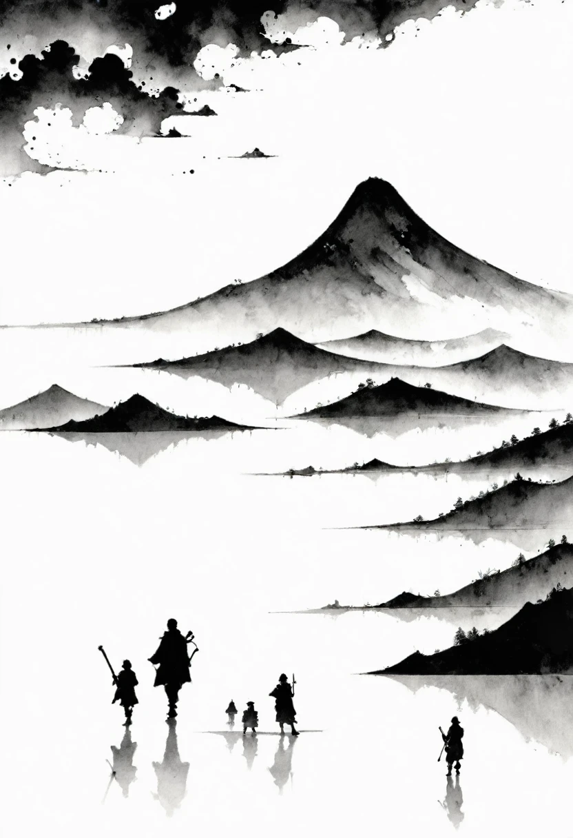 (Lots of white space:1.5)，(Lots of white space:1.6), White background, simple, Minimalism, abstract,Freehand，Aesthetic，black and white，Ink Painting，antiquity，Mountain，People in the distance