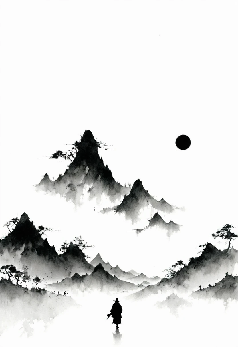 (Lots of white space:1.5),(Lots of white space:1.6), White background, simple, Minimalism, abstract,Freehand,Aesthetic,black and white,Ink Painting,antiquity,Mountain,People in the distance