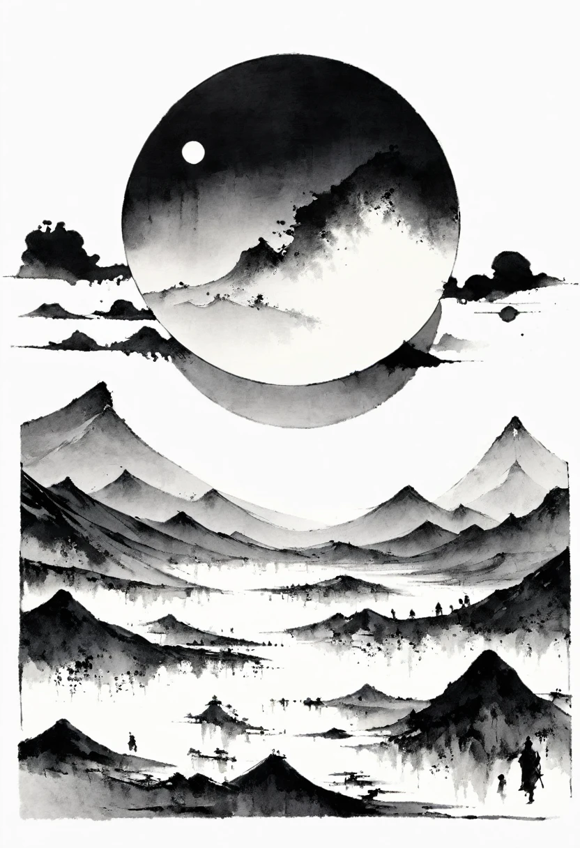 (Lots of white space:1.5),(Lots of white space:1.6), White background, simple, Minimalism, abstract,Freehand,Aesthetic,black and white,Ink Painting,antiquity,Mountain,People in the distance