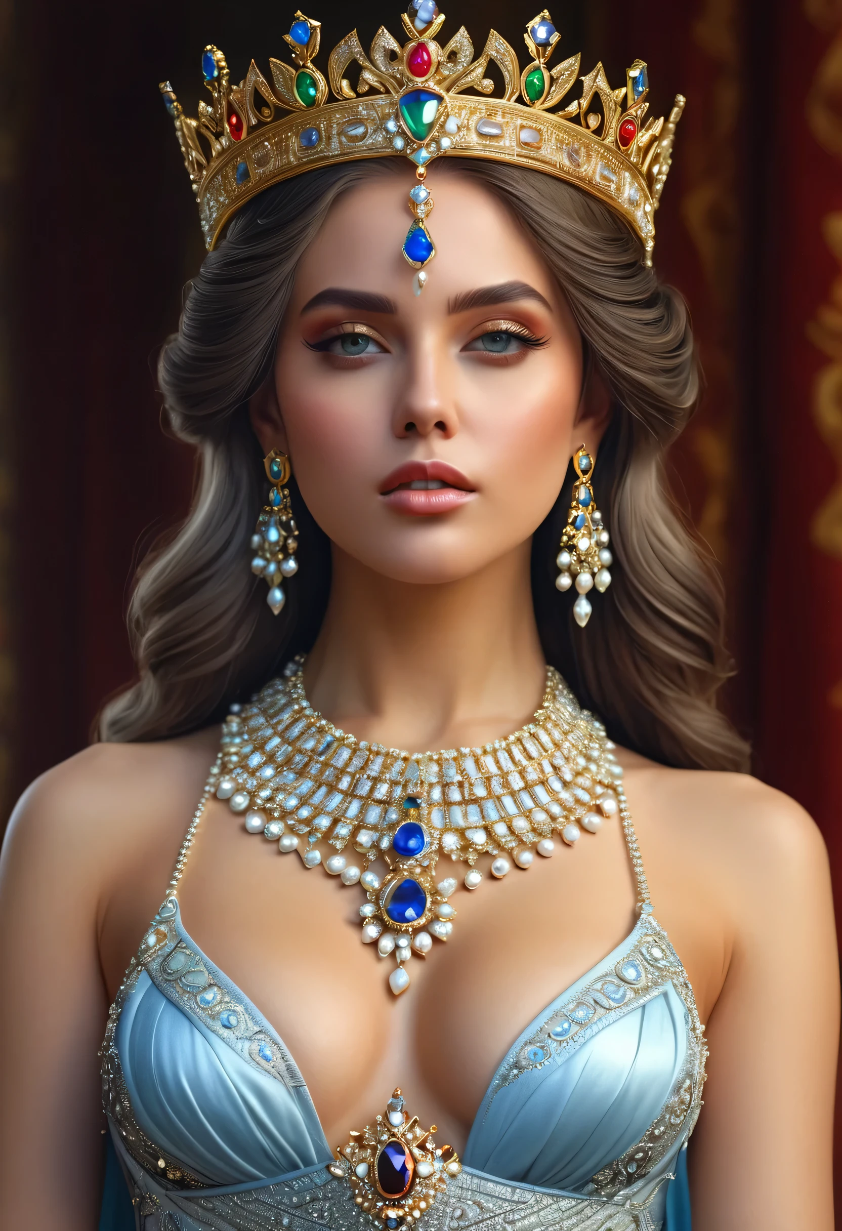 hyper realistic a pretty woman with a crown and jewels on her head, portrait of a beautiful goddess, a beautiful fantasy empress, goddess close-up full body portrait sensual, extremely high detail, a stunning portrait of a goddess, a beautiful fantasy empress, beautiful fantasy art portrait, UHD, 8K