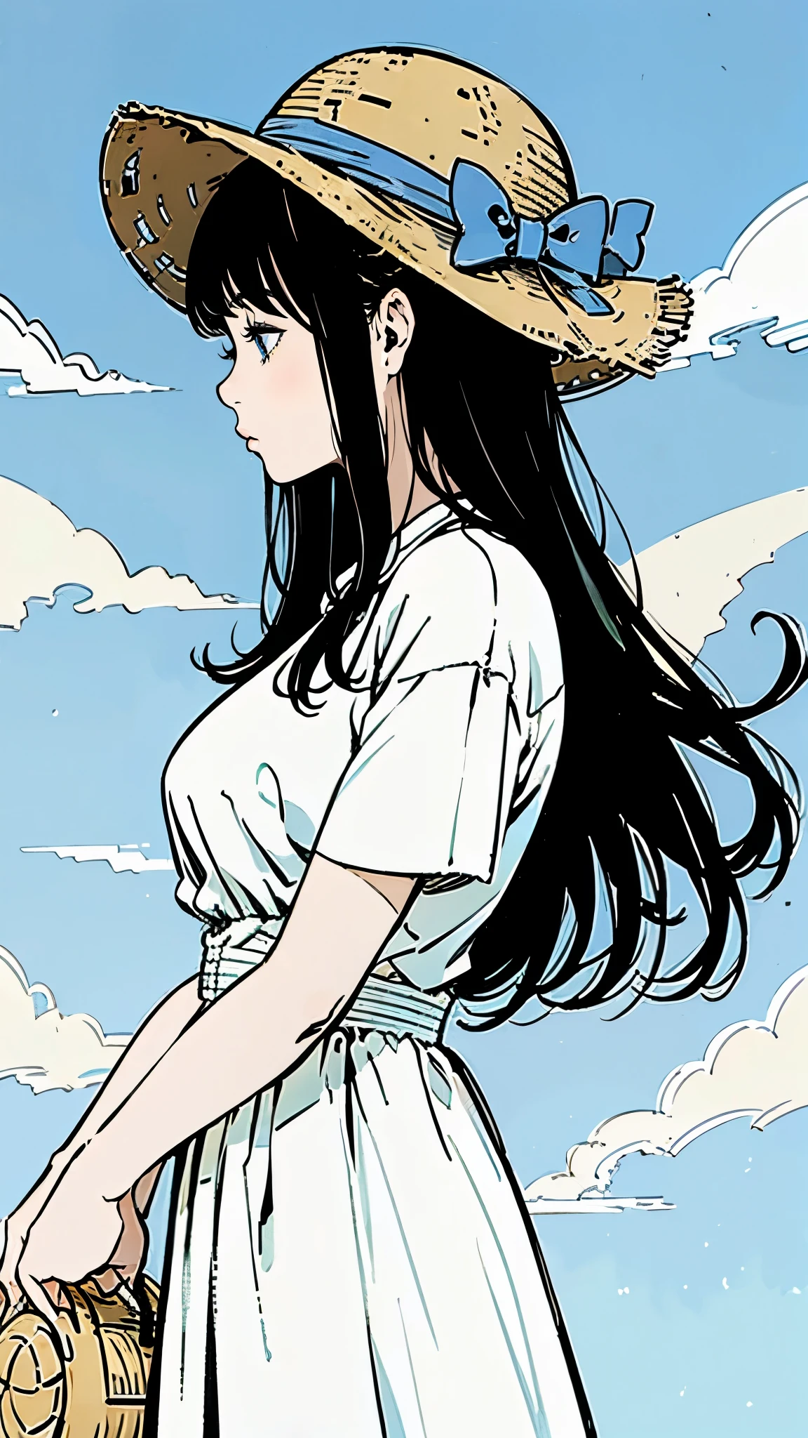 blue sky、cumulonimbus、profile、Long Hair、Black Hair、Straw hat、Large Breasts、White dress、