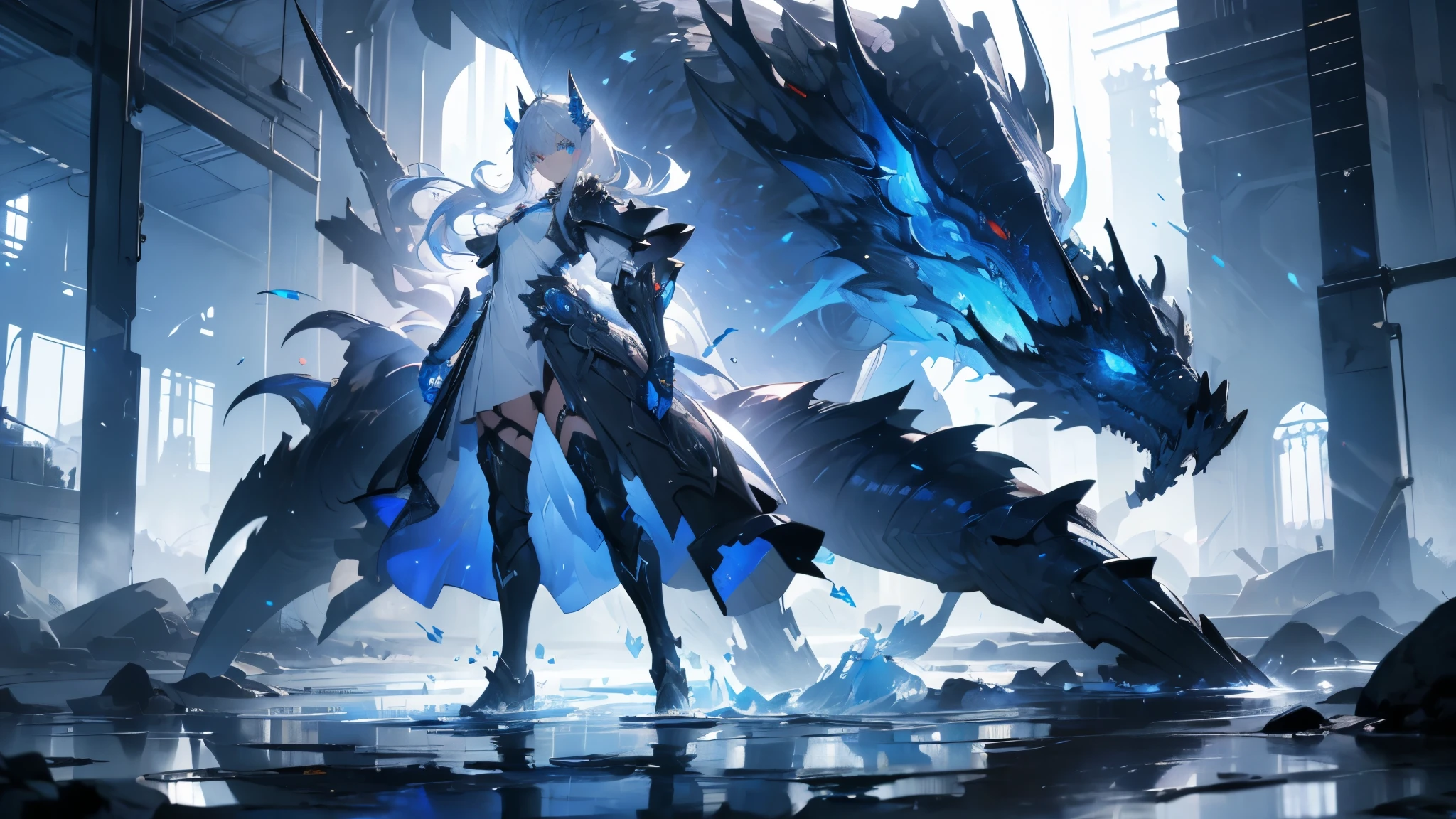 ((masterpiece, best quality)), Epic battlefield atmosphere，Water Ripples，Delicate face，Depicts a beautiful knight with long, flowing white hair，whole body，Standing picture，glowing blue eyes，She was wearing white armor，Perfect body proportions