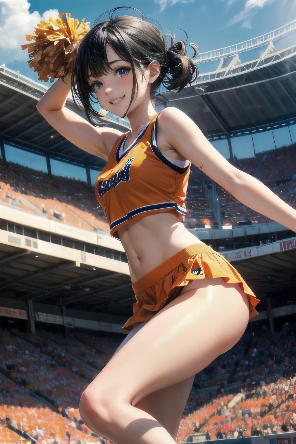 Very cute and beautiful cheerleader girl,(Very exquisite beautiful face and eyes:1.2),(Holding a pom-pom:1.2),(smile),
(Stadium Stands),Cowboy Shot,Dynamic pose,White panties,(Sleeveless orange shirt),Beautiful feet,Dynamic Angle,Black Hair,
(highest quality,masterpiece:1.2),Intricate details,Very detailed,Super detailed,High resolution,View Viewer,
Natural light,Hair blowing in the wind,Beautifully detailed skies,