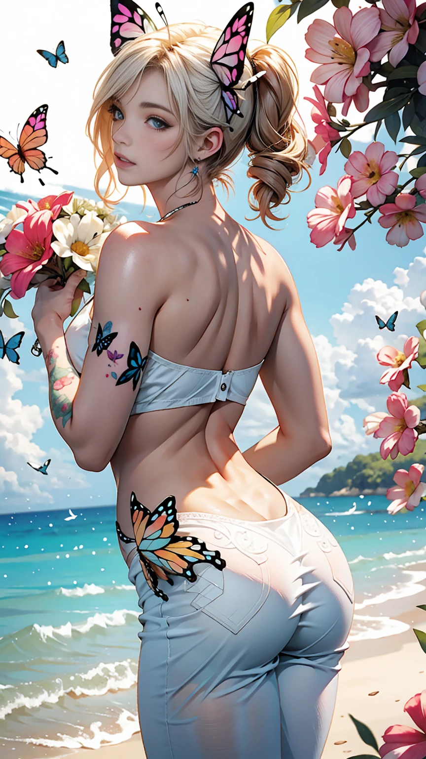 Butterfly and flower watercolor tattoo on the back、White woman、Sexy proportions