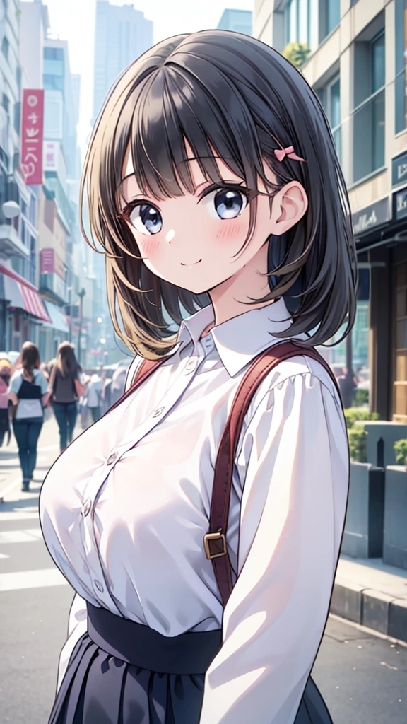 young woman、smile、Cool hairstyle、Blushing、masterpiece、High resolution、16k、Spring clothes in fresh colors、(Very close:1.5)、Explore the city、(Depicting the upper body:1.5)