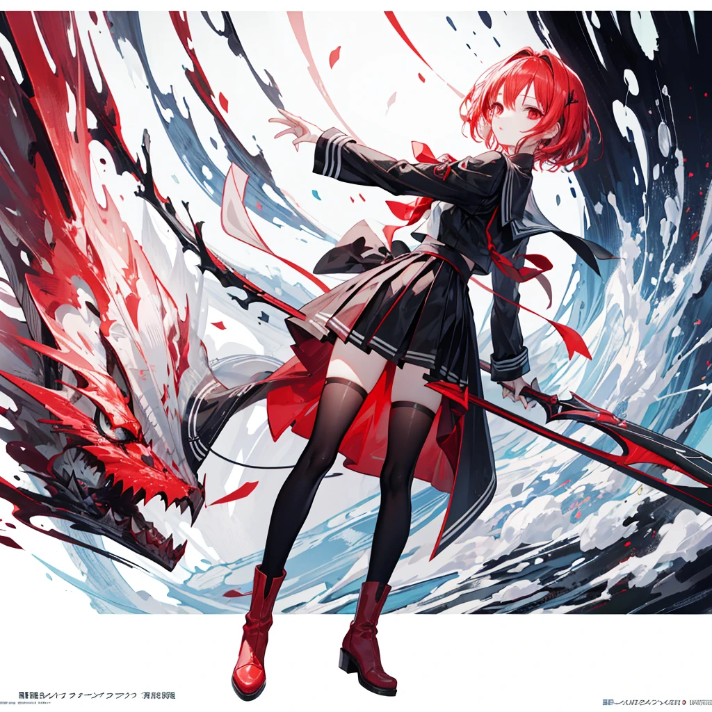 (masterpiece, highest quality),(Detailed Hair), Super detailed, Anime Style, whole body, High school girls、She wears a black sailor uniform and has milky white and red hair with short hair.、Red eyes、 Wearing long boots, Digital Painting, 8K High Resolution, whole body, White Background, Dynamic pose、Standing on the desolate land、Large Blade、Vampire Hunter、