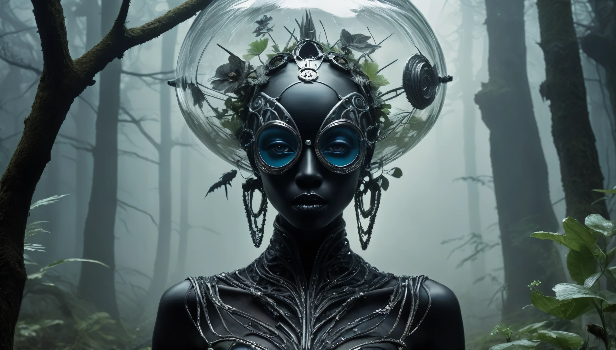 abandoned young niobium glass junkie's mummy made of dead crystal plants, foggy Louisiana forest, radioactive atmosphere,charcoal mechanical clockwork , steampunk dark horror fantasy, ominous fairyland,large number of stars fly towards the viewer,ruined theme,lots of toxic dust,amazon,full body length shot,once pretty face,full body length, eerie atmosphere, ethereal presence, toxic mists, supernatural entities, sinister aura, dark and twisted branches, macabre elements, eerie and ominous lighting，Complicated detail,captivating creation,intricate details,extremely detailed,masterpiece,intricate details,eyes extremely detailed, high detailed eyes,32k resolution, Nikon Z9,like Stone Forest in Yunnan Province of China,Simon Stalenhag,Nicola Samori,Wangechi Mutu, horror movie, cinematic look, creepy aesthetic, ultra detailed, photorealistic, masterpiece,(professional 3d render:1.3),junkie,matte black and white, organic outfit with a curved mask and a glass dome visor, fashionable alien junkie, vespertine, futuristic clothing and glass, movie stile, avante garde design stylings inspired by white and black and blue squares and curves(Intricate:1.4), decadent