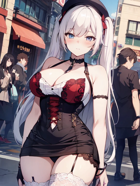 ((masterpiece)), ((highest quality)), Anime Style, One girl, alone, Most detailed skin, Lace blouse, corset, High Waist Skirt, Knee-high stockings, Tips for showing your lace underwear, Short heel boots, Choker to wrap around the neck, Lace bracelet on wrist, //, Surprised expression, Girl with a troubled face, Ecstasy, (sexual expression), smile, blush, Red face, //, Big Breasts, Voluptuous body, //, Twin tail hair, Pale lavender hair color, (Beautiful Eyes), White skin, //, Downtown, In front of the cafe, With people passing by, (Bold line:1.2)