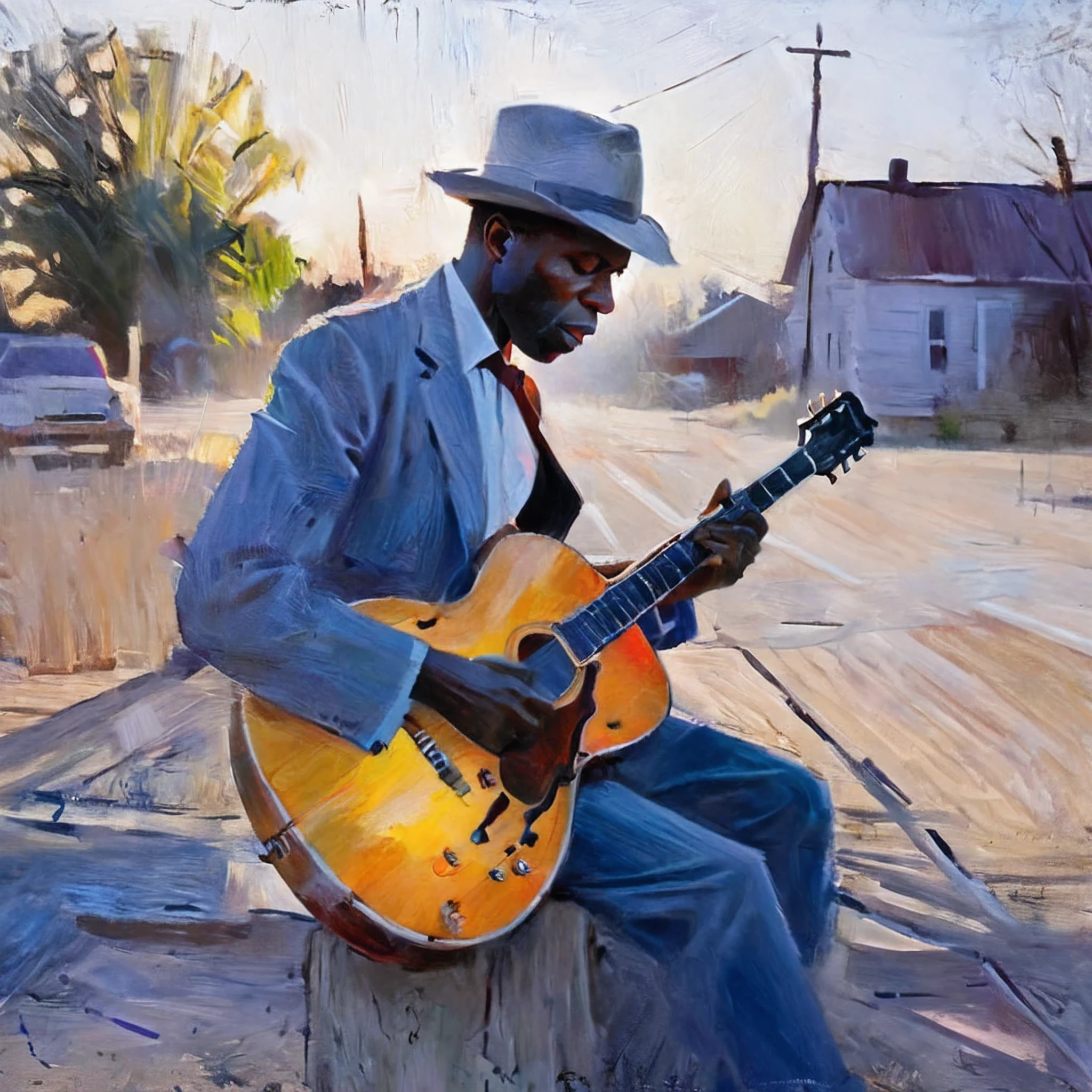 Guitarist, Robert Johnson, cross road, strong contrast of sunlight, clarksdale, mississippi, rough brush, bichu, oil painting