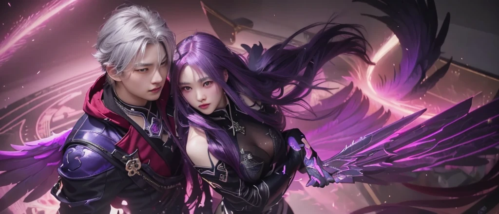 anime couple with purple hair and wings in a dark room, extremely detailed artgerm, wlop and sakimichan, ruan jia and artgerm, kda and sam yang, artgerm detailed, artgerm. high detail, style artgerm, ! dream artgerm, artgerm and ruan jia