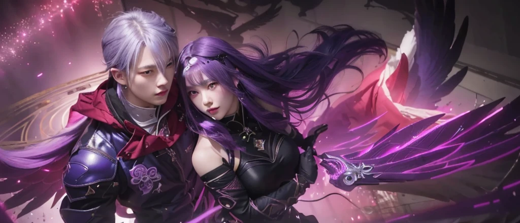 anime couple with purple hair and wings in a dark room, extremely detailed artgerm, wlop and sakimichan, ruan jia and artgerm, kda and sam yang, artgerm detailed, artgerm. high detail, style artgerm, ! dream artgerm, artgerm and ruan jia