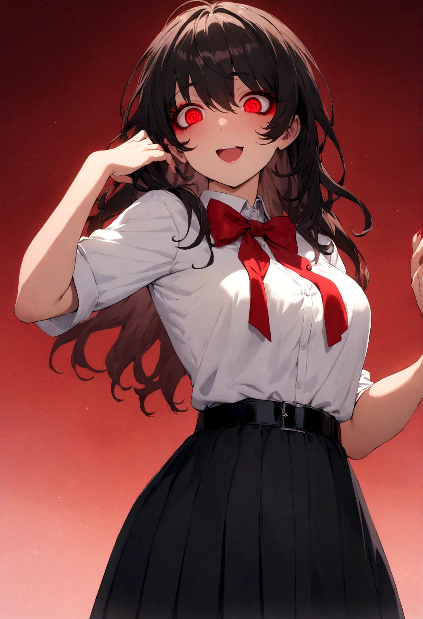 masterpiece, best quality, official art, extremely detailed CG unity 8k wallpaper, highly detailed, absurdres, (Bright Red background, day), Picturesque scenery of gradients of red in the background, exquisite facial features, Glowing red eyes, Yandere crazy eyes, Perfect fingers, perfect face, (sharp eyeliner, eyeshadow, detailed eyes:1.1), [Long Black messy hair], Small breasts,  Perfect skin, shiny skin, female, solo, Wide laugh, [White School top, Red bow, Black belt, Black skirt]