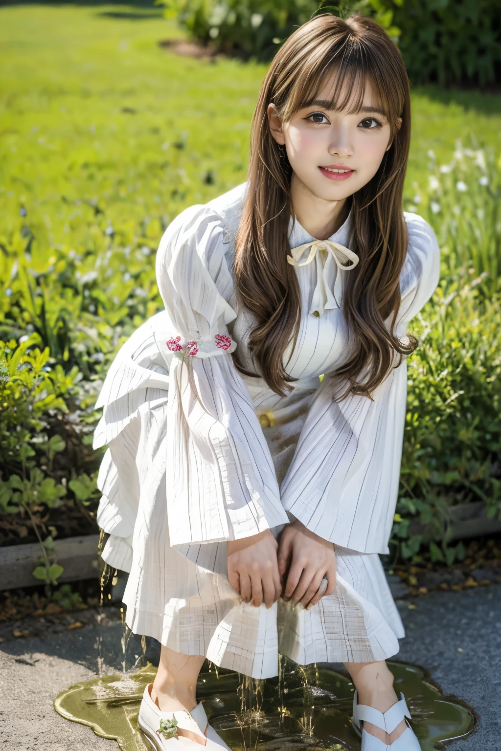 (realistic,photo-realistic:1.4),(masterpiece,best quality:1.2), RAW photo, high resolution, intricate details, extremely detailed, portrait, looking at viewer,depth of field, 1girl,solo,a Japanese girl,(white-dress, short-dress, puff-sleeves:1.4),smaller face, detailed face, detailed eyes, fine textured skin, pale skin,sandals, (peeing self, urination, big pee puddle:1.5),photo background,outdoors,