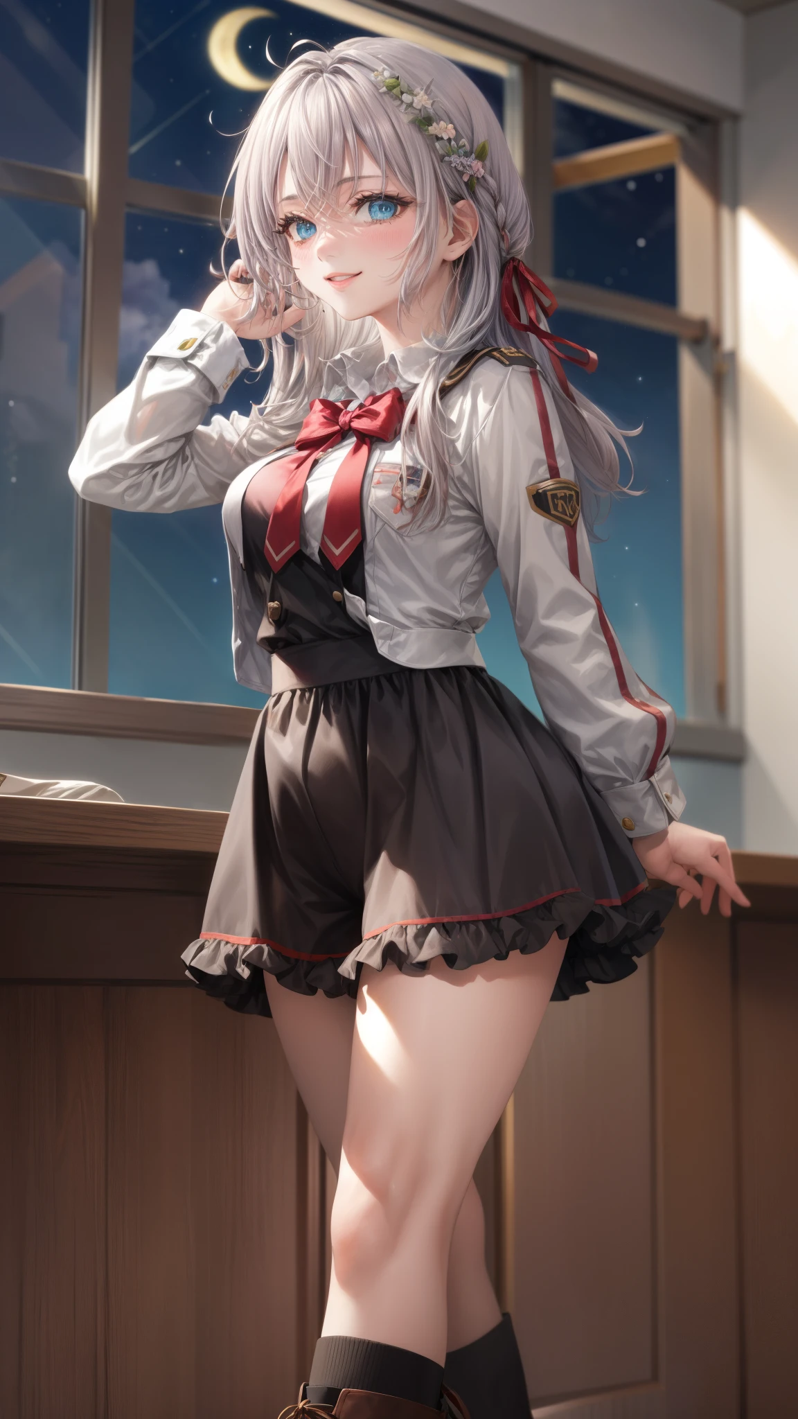Alisa Kujou, 

(night:1.7), 1 girl standing at attention, 17 years,hembra joven,hermoso Finger, hermoso long legs ,hermoso body ,hermoso Nose ,hermoso character design, ojos perfectos, perfect rostro,

There is an anime girl in shorts walking through an open door., 1 chica, muslos, solo, (falda muy corta:1.4), blue eyes, senos, chaqueta, camisa school, medias largas , falda , white camisa, arco, mano en la cadera, rubor, black muslos, arcotie, adentro, calzado marron, zettai ryouiki, mocasines, zapatos, large senos, cuerpo completo, mirando al espectador, boca abierta, thighs,

mirando al espectador, sonrisa, saludando al espectador, en el centro de la imagen, Fondo de pantalla CG unity 8k extremadamente detallado, Perfect lighting,vistoso, Brillante_frente_rostro_Lightinasterpiece:1.0),(mejor_calidad:1.0), ultra high resolution,4k,ultra detallado,
Photography, 8k, hdr, high resolution, absurdos:1.2, codas portra 400, film grain, fondo borroso, bokeh:1.2, Destello de lente, (vibrante_color:1.2)
, (hermoso_rostro:1.5),(angosto_cintura), (hermoso,Enorme_senos:1.3)