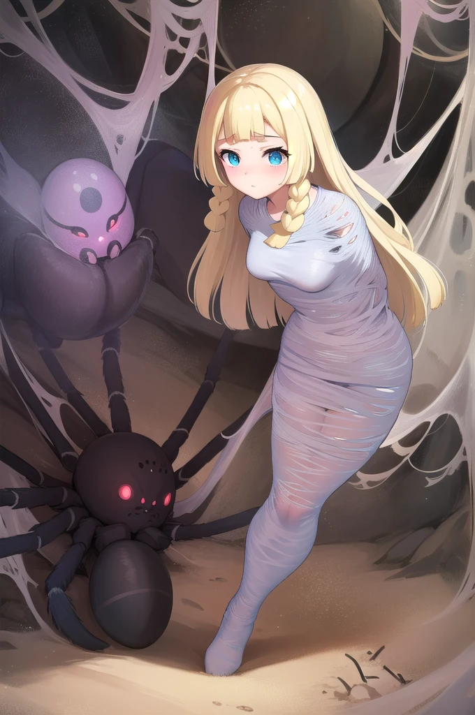 masterpiece, best quality, 1girl, solo, looking at viewer, Lillie\(pokemon\), length hair, blonde hair, messy hair，twin braids , breasts out,  (arms behind back:1.4), hanging,spiders in the web,long spider, desperate，struggle, entangled, embarassed face, despair,cocoon, blushing face, fucked by spider, (spider touching her)
