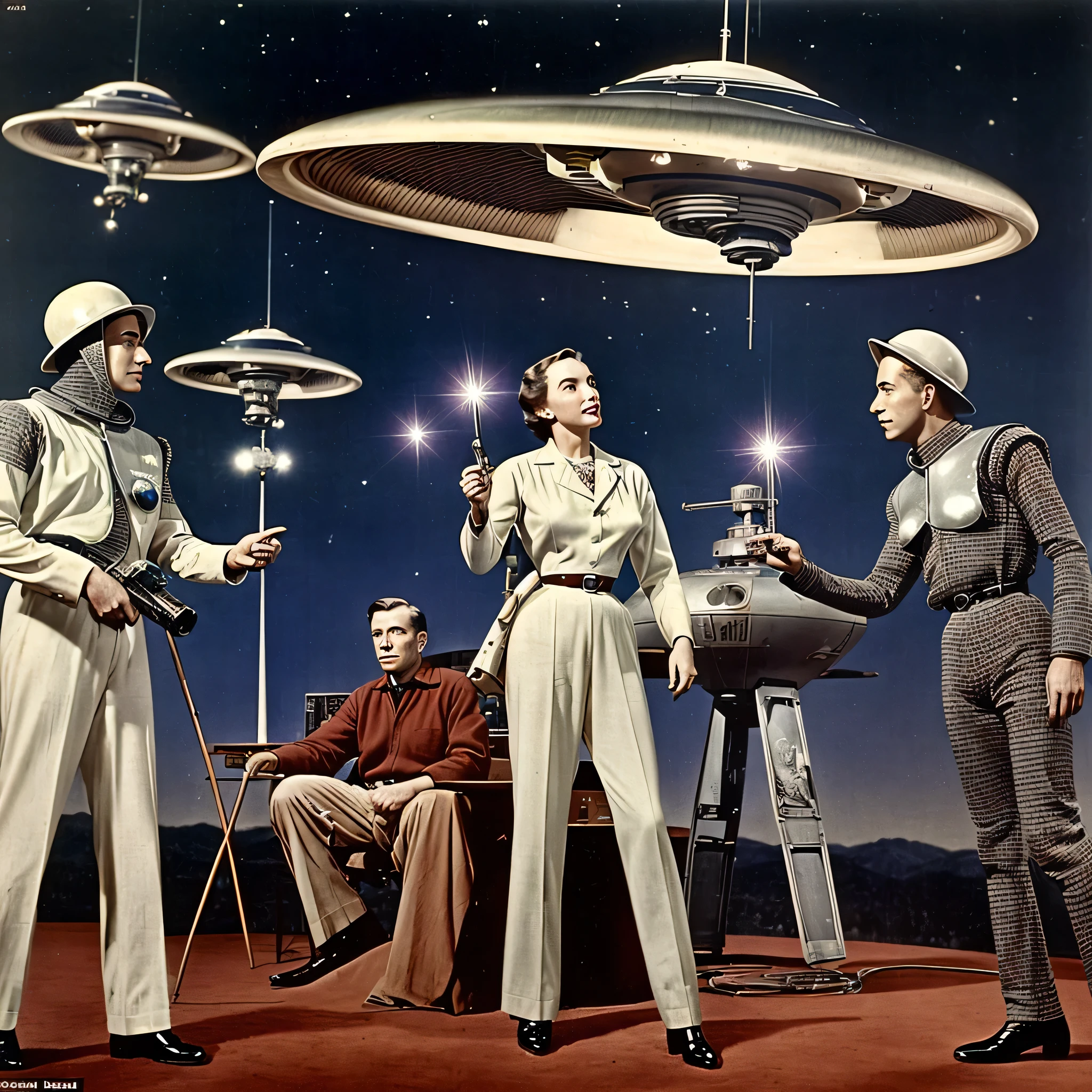 (((Old science fiction TV series))), Fotografia, Extremamente realista, Scene from an old science fiction TV series from the 1950s with human actors and actors talking to each other in a meeting dressed as aliens and robots. with a retro spaceship in the background of the scene, flying saucers and stars in the sky, Science Fiction TV series with monsters, bela jovem atriz sensual, (((anos de 1950))), Ancient aesthetics,