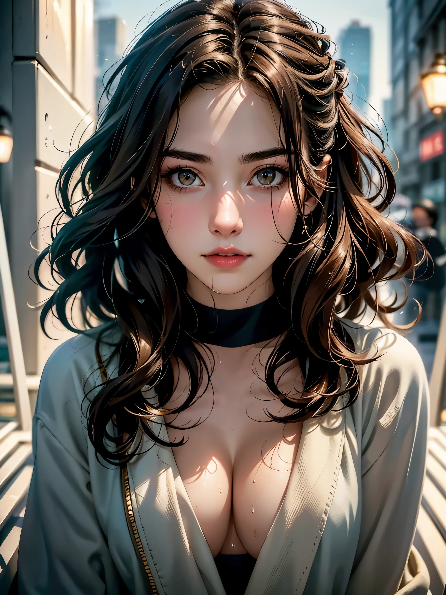 Photo of 25 year old European girl, RAW, beautiful woman, (brown hair with extra long wavy), ((portrait)), (Detailed face: 1.2)), (Detailed facial features)), (Fine skin), pale skin, high detail and deep cleavage body conhasmat suit, slim body, megacity environment, (cold color), wet, moist, reflection, (masterpiece) ( Perfect proportions) (realistic photos) (highest quality) (detail) shot with Canon EOS R5, 50mm lens, f/2.8, HDR, (8k) (wallpaper) (movie lighting) (dramatic lighting) (sharp focus) (complex) fashion