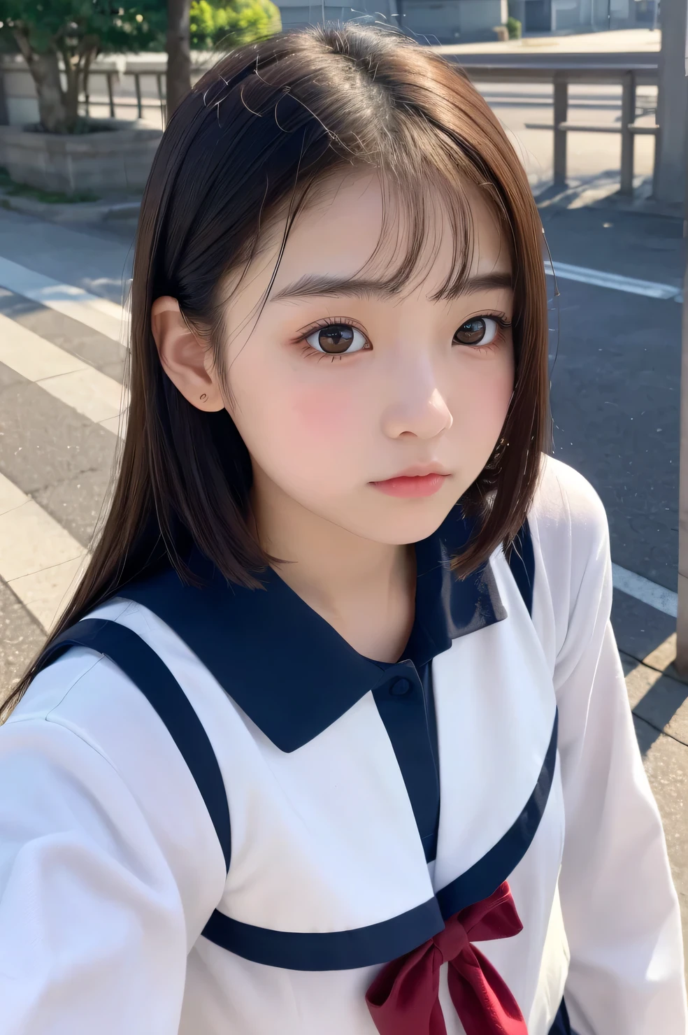(1 Girl )、(Beautiful Japanese、18years old,round face、Refreshing、clear、seems kind、stylish、Pitiful、cute like an angel、cute、black eyes、,actress,Almond-shaped eyes,Translucent white skin、Beautiful skin), Good style , (((Beautiful big breasts:0.8))),(((soft breasts))),(very cute),(Black hair),(short bob hair),(enchanting eyes),(highlight on eyes:1.2)、(8K、Live shooting、highest quality、masterpiece:1.2、optimal lighting)、((masterpiece)),(Photo taken by a professional photographer),(real、photo real:1.4),break,{ (Cute Japanese high school sailor uniform),((Cute Sailor Suit:1.0))},(cheeks are red:1.3), break, break,Face shot:1.3、 face close-up,Looking up、(Cleavage:0.7)、,Looking Bcak at viewer:1.4,From above,(high school),Normal face、Japanese school、School corridor、blackboard、Serious face,Angry jaw