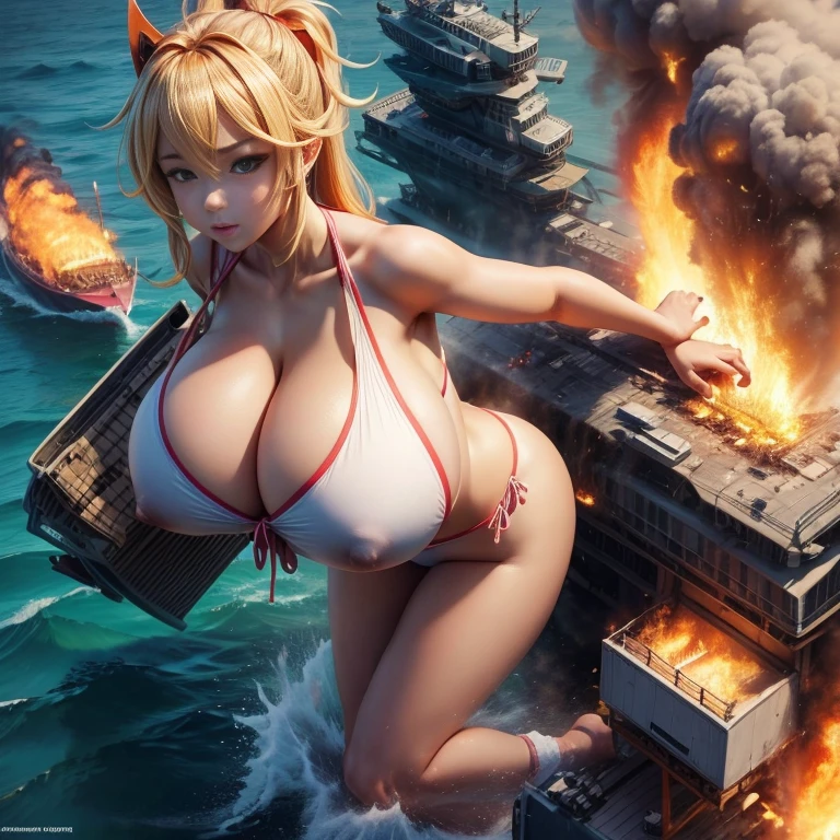 Anime girl in bikini posing in front of the boat, thick, Enchanting anime girl, ,Godzilla、Giant、 On the boat, have large breasts, Yachts at sea、Warships at sea、Landing is imminent、destruction、explosion、爆inflammation、inflammation、fire, have large breasts, tits, Big Breasts!, Big Breasts!!, Kantai Collection Style, 彼女はtits, [ 4k digital art ]!!, Realistic Bikini、Camel Toe、Giant tit、Nipple Puffs、Cleavage、Plump、Super big breasts、Super big butt、Bubble butt、Missile attack、Missile Punch、All bullets fired