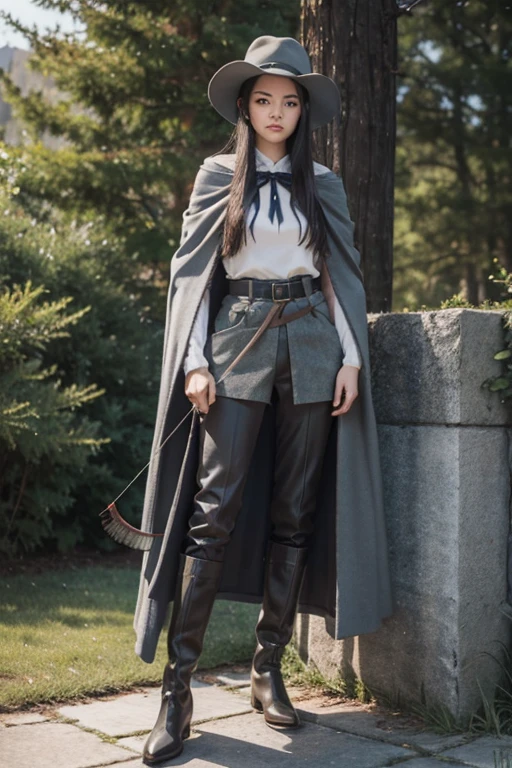 1girl, 17 years old with black hair and blue eyes, archery bow held in her left hand and the bow string and arrow drawn back to her chin with her right hand, brimmed hat, grey stone coloured cloak hangs from her shoulders and neck, dark green sweater, grey trousers tucked into knee high military boots with heavy duty knee pads, she keeps low and is a little afraid