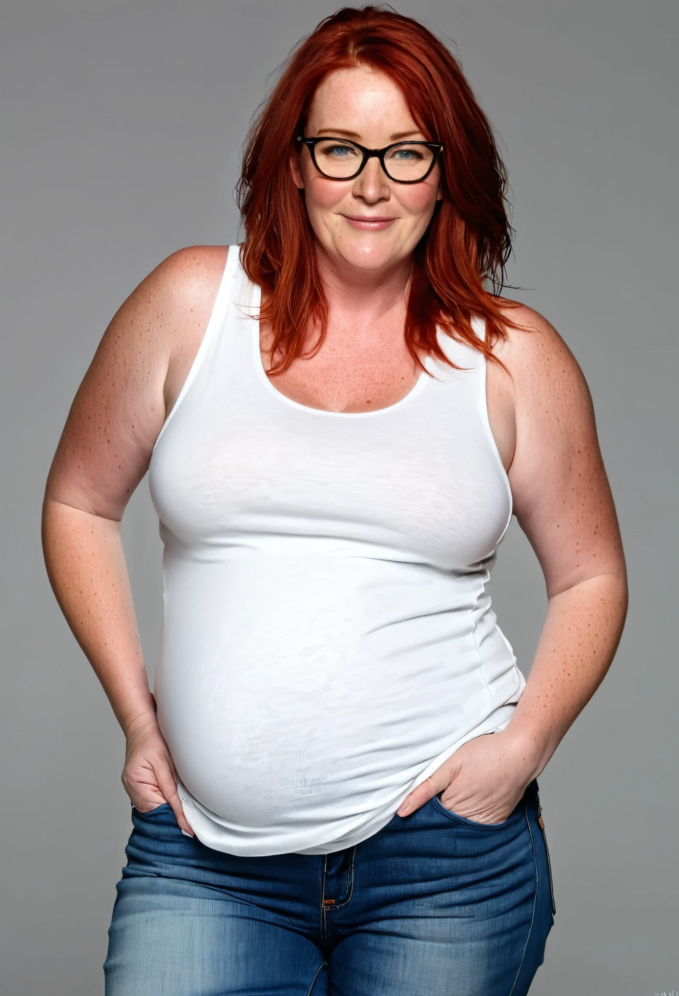 Megan, 50 years old, fading red hair, freckles, glasses, plus size, small belly, small , big waist, thick thighs, huge ass, white tank top, jeans