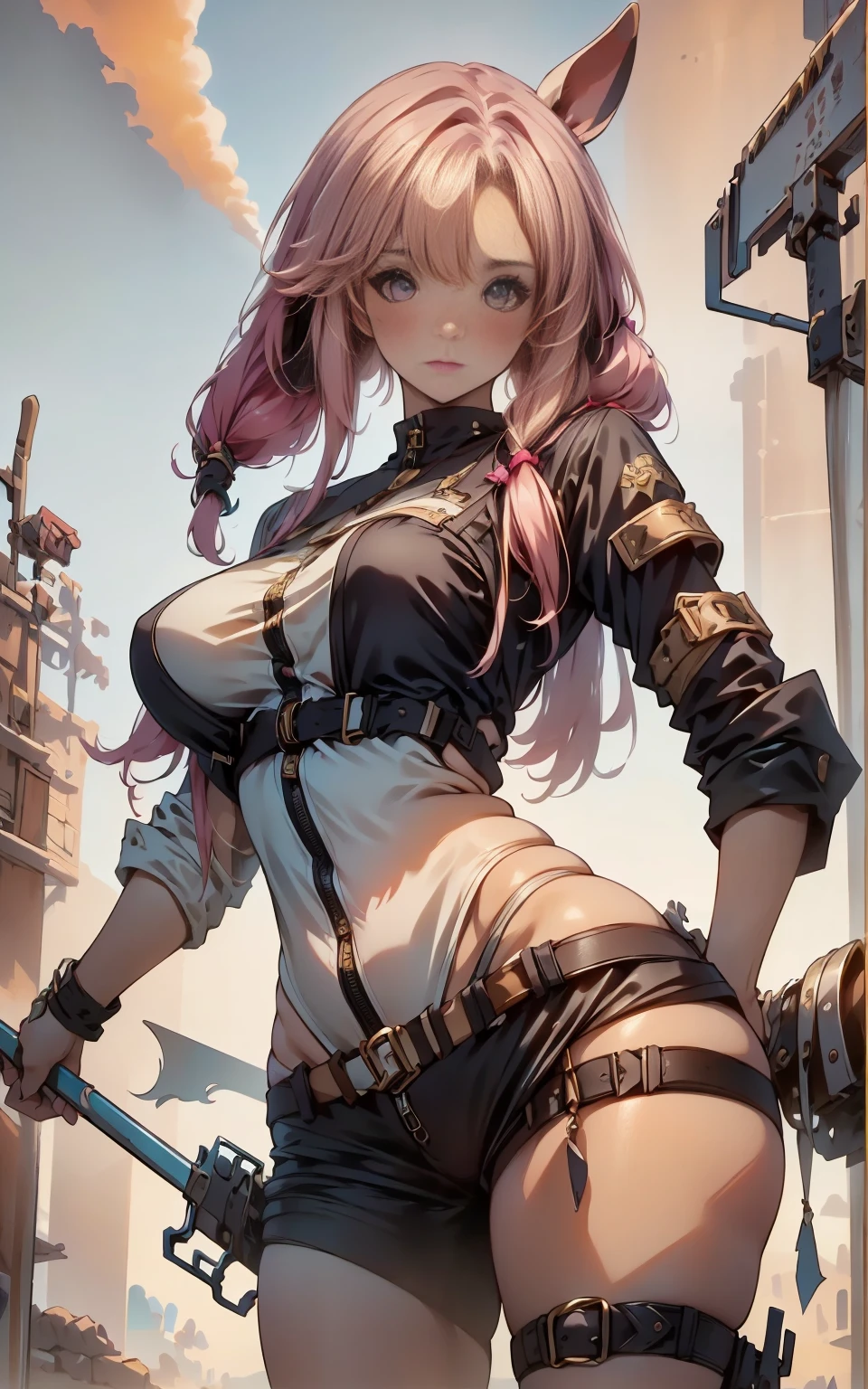 CG K ultrarrealista ,((de primera calidad、8K、32K、Obra maestra:1.3)), (superfine illustration)、(súper high resolution), (((cuerpo adulto))),cuerpo completo, plano general ,ojos extremadamente detallados y hermosos, una mujer vestida con un disfraz de conejo esponjoso con grandes orejas de conejo, tiro de cuerpo completo, gran angular, cute expression and , retrato profesional, 8K hiper detallado, high resolution, rasgos faciales detallados, ropa detallada, soft lighting, caprichoso, Fancy, colores pasteles, adorable, hd.