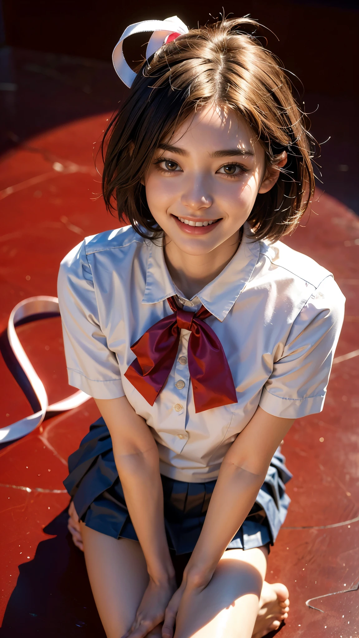 highest quality, masterpiece, Ultra-high resolution,8k, (Realistic:1.6), (Facing portraits) RAW Photos, 1 girl,(I'm showing my teeth and smiling)), 22 years old,((Beautiful feet)),((Miniskirt Uniform)),((Short hair with ribbon)),((From above:1.4)),Face Focus:1.4,((Simple solid color background)), Image Media Chest)),((Smiling with teeth showing)),