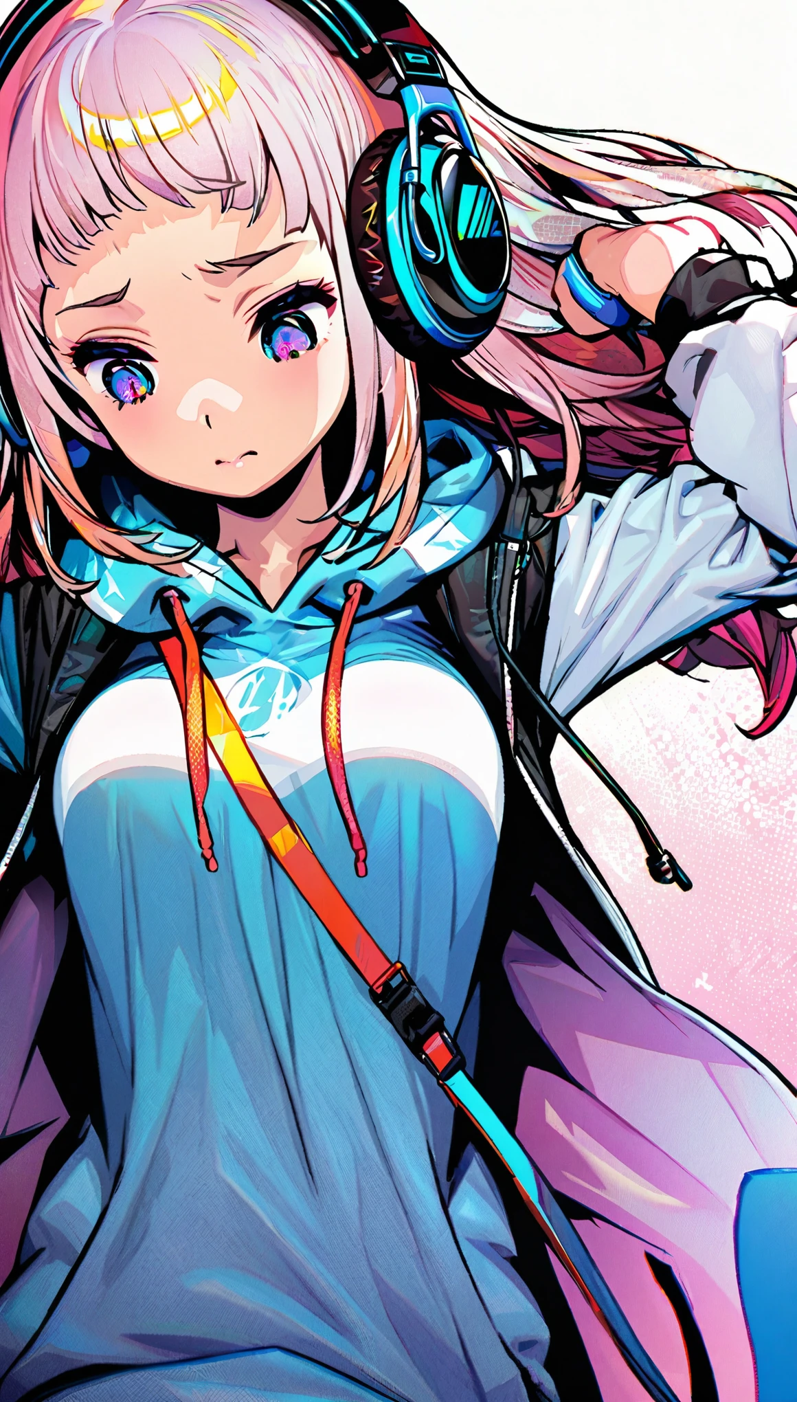  ultra detailed,1 girl, solo, hoodie, looking down, headphone