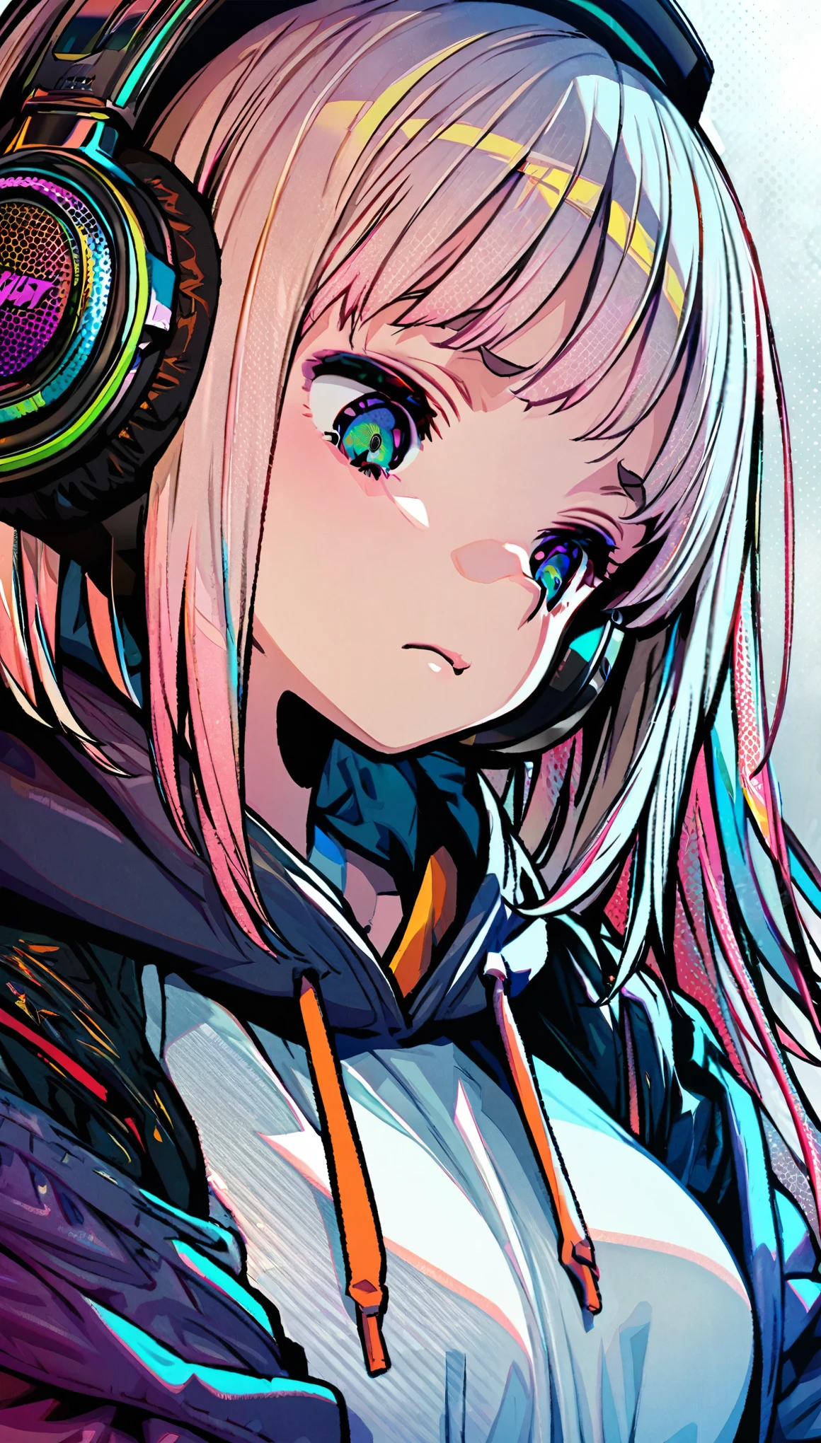  ultra detailed,1 girl, solo, hoodie, looking down, headphone