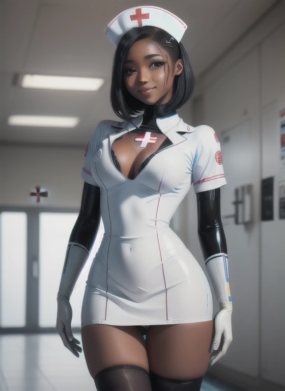 ((black skin:1.3)), (((twilek))), facial markings, standing, dynamic pose, medium breasts, detailed face and eyes, upper body, detailed background, highly detailed, best quality, high resolution, 4k, cinematic lighting, seductive smile, (scifi nurse:1.2), hospital surroundings, gloves, (modest white nurse outfit:1.3), thighhighs, red-cross hat TronFashion