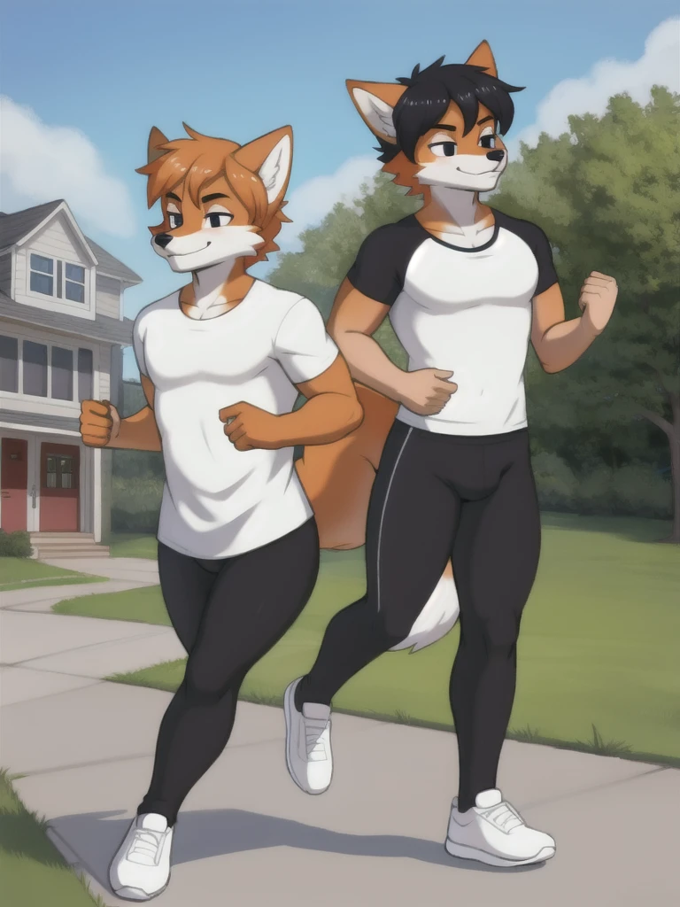 Furry, fox, male, twins, black leggings, white shirt, jogging outside the house,