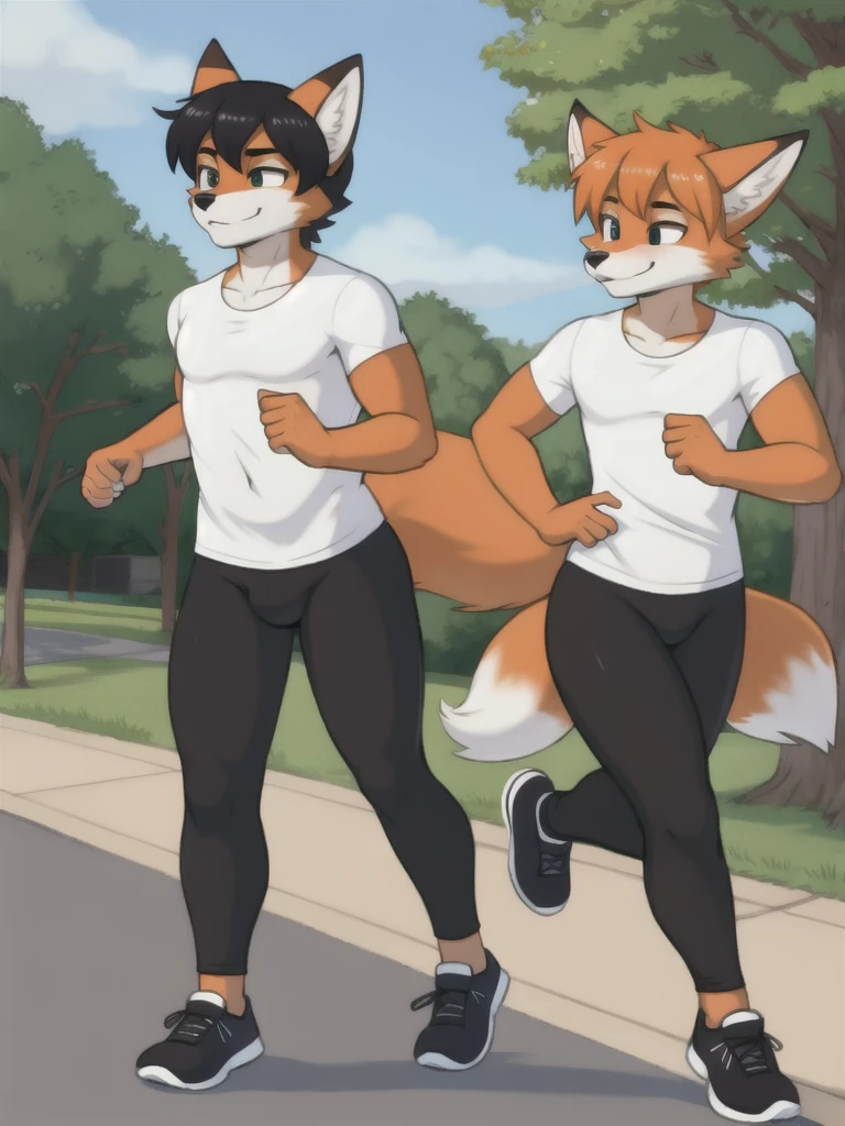 Furry, fox, male, twins, black leggings, white shirt, jogging outside the house, teen