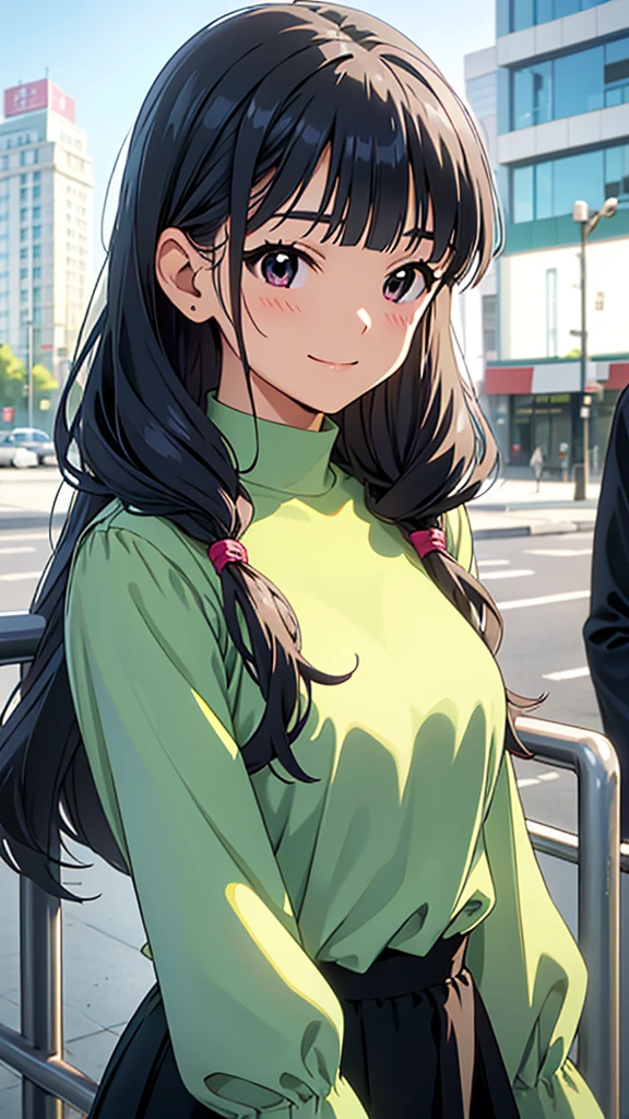 young woman、smile、Cool hairstyle、Blushing、masterpiece、High resolution、16k、Spring clothes in fresh colors、(Very close:1.5)、Explore the city、(Depicting the upper body:1.5)