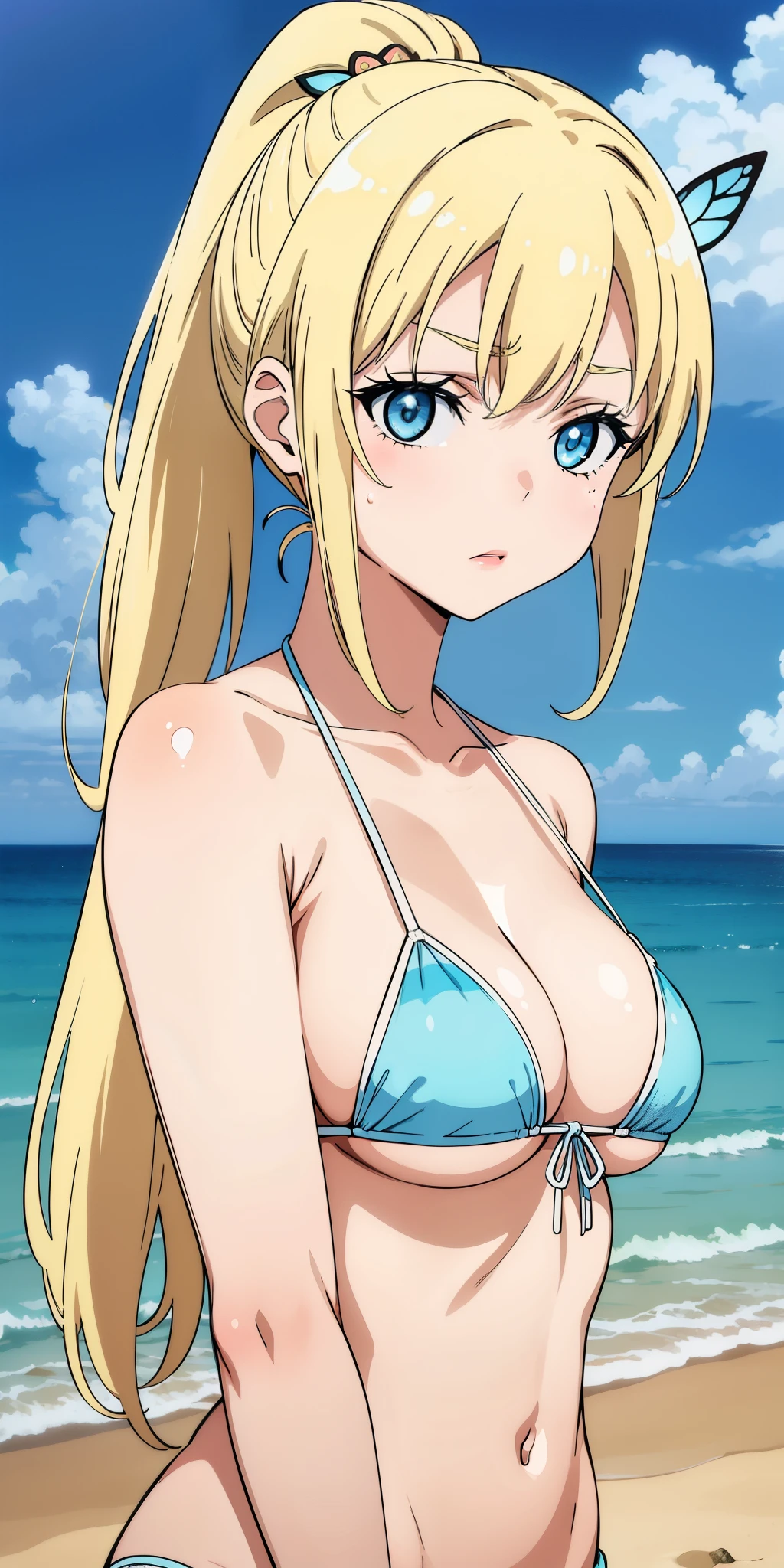 Seina Kashiwazaki, 1girl in, a blond, ponytail, butterfly hair ornament, (medium breast), Light blue micro bikini, (upper body:1.5), sand beach