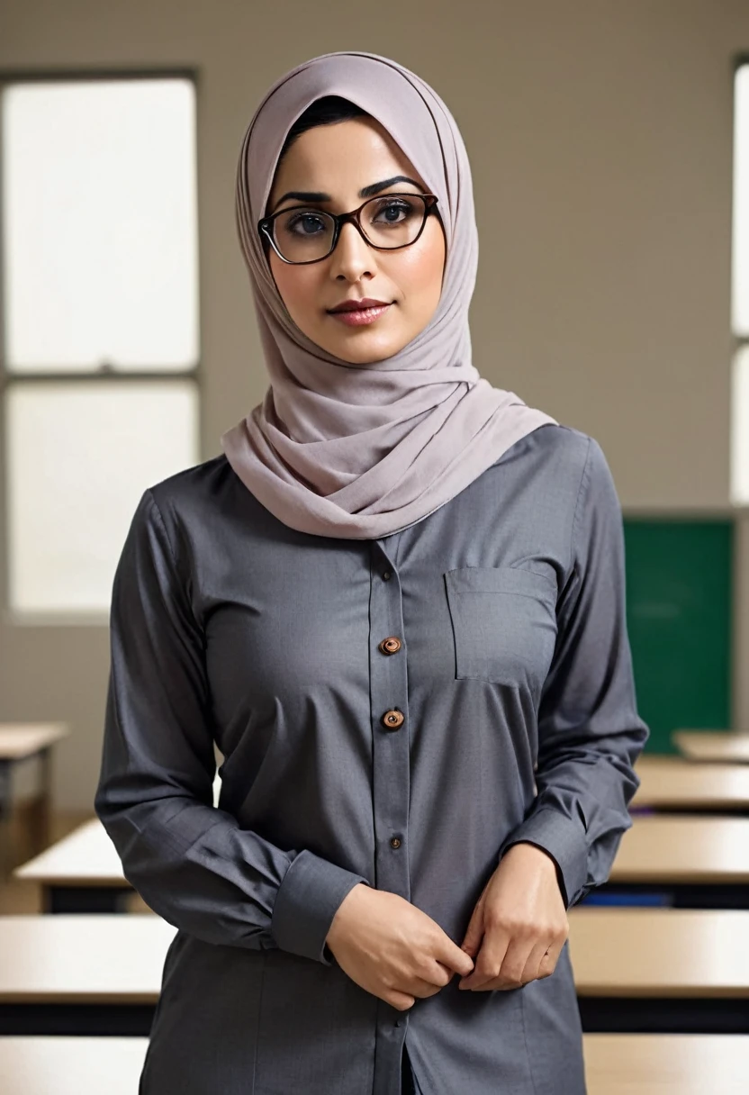 PNS, guru, super realistic 3/4 shot, passionate pose, professional photography portrait of a 40 year old female teacher in a classroom, very realistic skin, cinematic lighting, very original hijab fabric details, glasses, holding a book, scout clothing, transparent button-up shirt with right and left pockets, long slave,